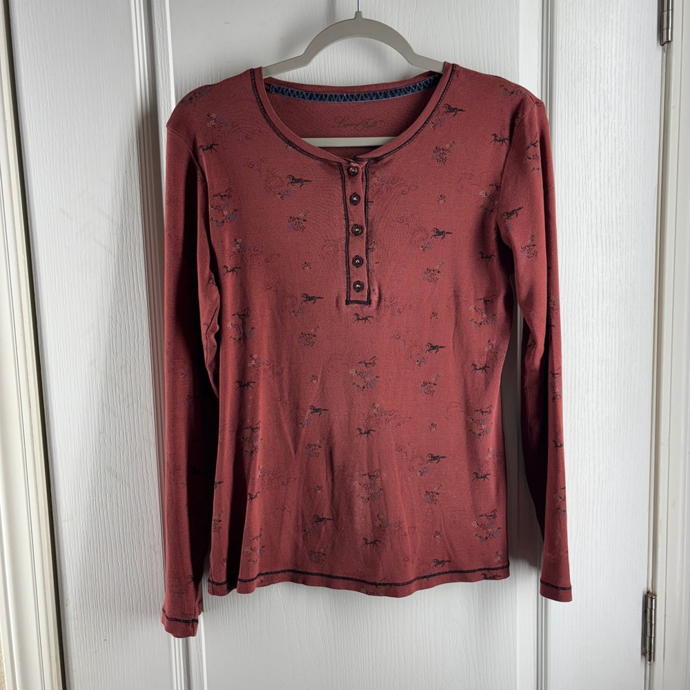 Legacy Falls Womens Red Horse Print Long Sleeve Henley Top Size M
